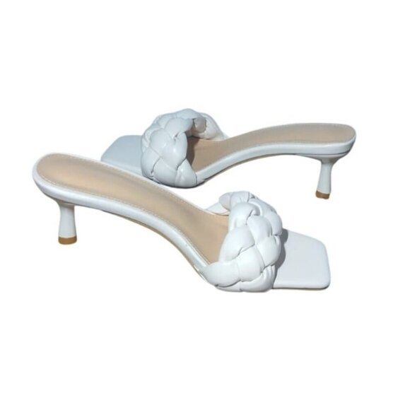 Women's White Braided Mid Heel Sandals with Open Square Toe, Size 37. - Picture 2 of 8